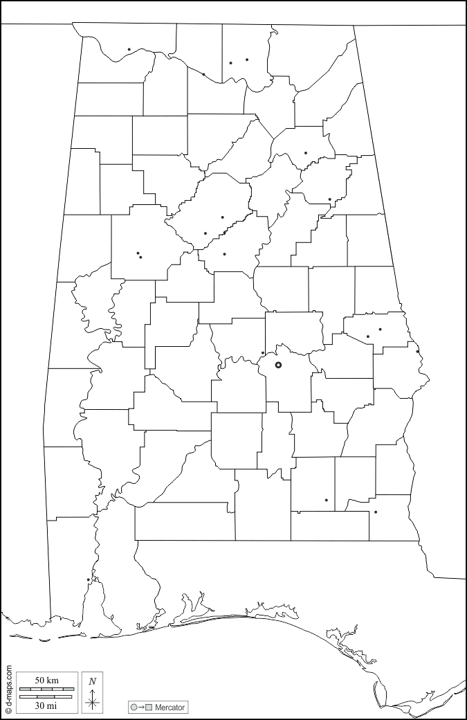 Alabama : d-maps.com: mappa gratuita, mappa muta gratuita, cartina muta gratuita : frontiere, contee, principali città, bianco