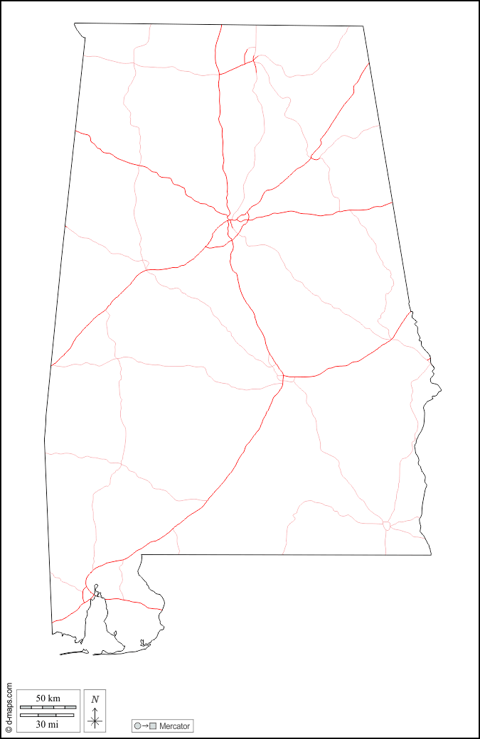 Alabama : d-maps.com: mappa gratuita, mappa muta gratuita, cartina muta gratuita : contorni, strade, bianco