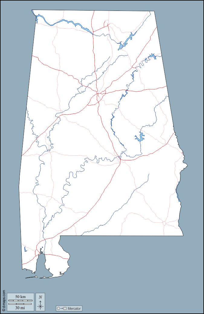 Alabama : d-maps.com: mappa gratuita, mappa muta gratuita, cartina muta gratuita : contorni, idrografia, strade