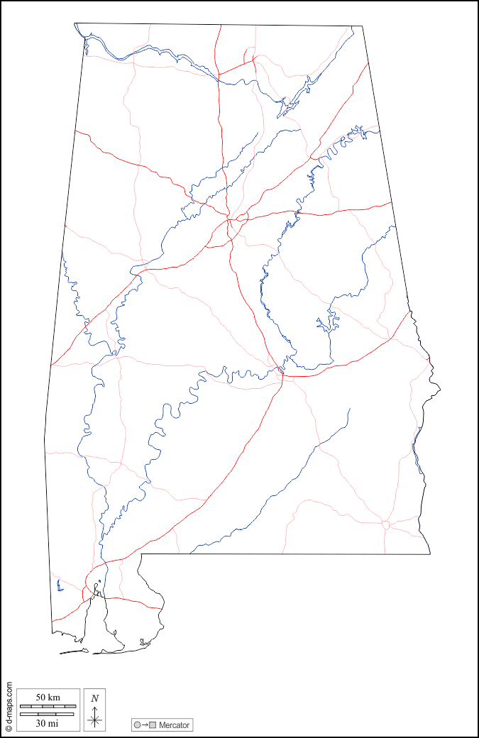 Alabama : d-maps.com: mappa gratuita, mappa muta gratuita, cartina muta gratuita : contorni, idrografia, strade, bianco