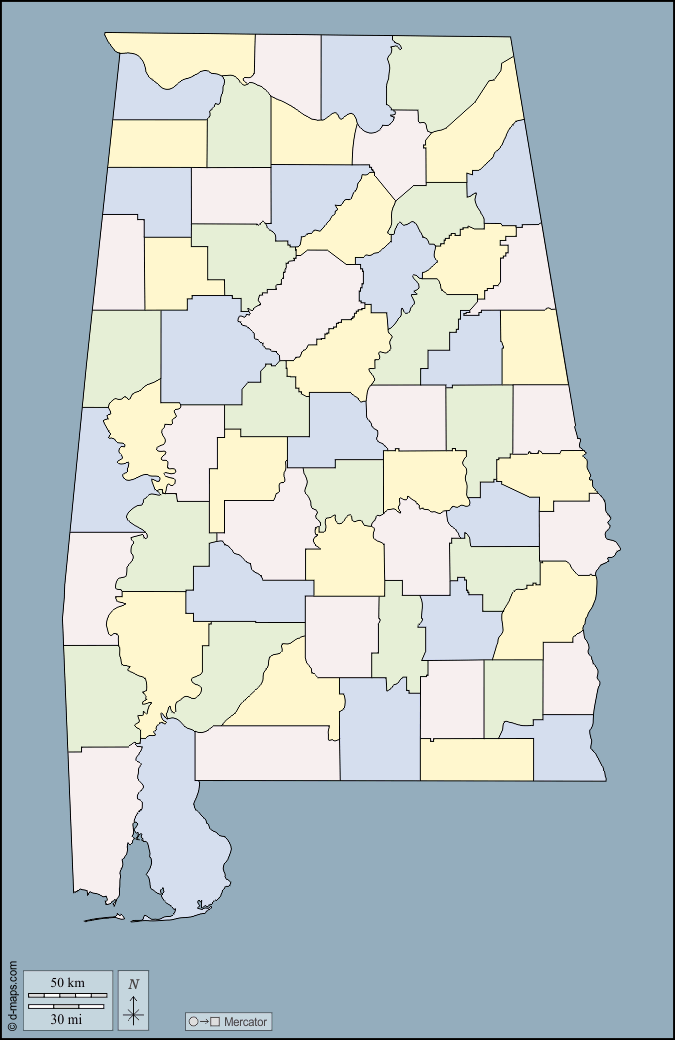 Alabama : d-maps.com: mappa gratuita, mappa muta gratuita, cartina muta gratuita : contorni, contee, colore