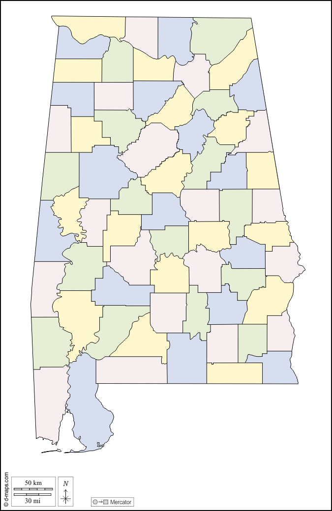Alabama : d-maps.com: mappa gratuita, mappa muta gratuita, cartina muta gratuita : contorni, contee, colore, bianco