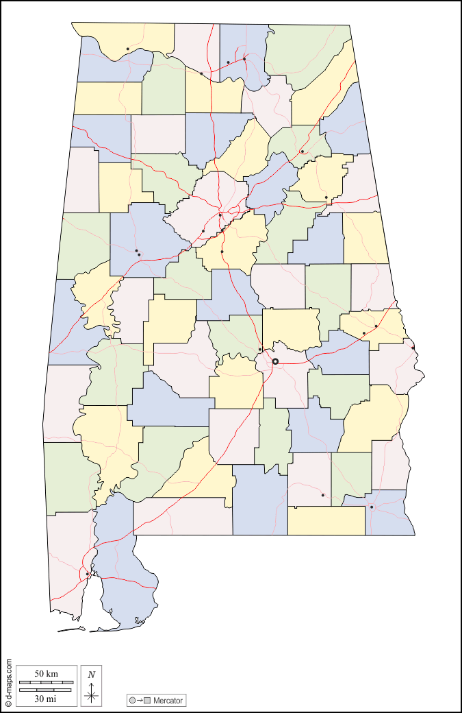 Alabama : d-maps.com: mappa gratuita, mappa muta gratuita, cartina muta gratuita : contorni, contee, principali città, strade, colore, bianco