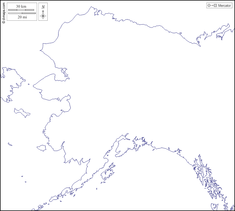 Alaska : d-maps.com: mappa gratuita, mappa muta gratuita, cartina muta gratuita : litorali, bianco