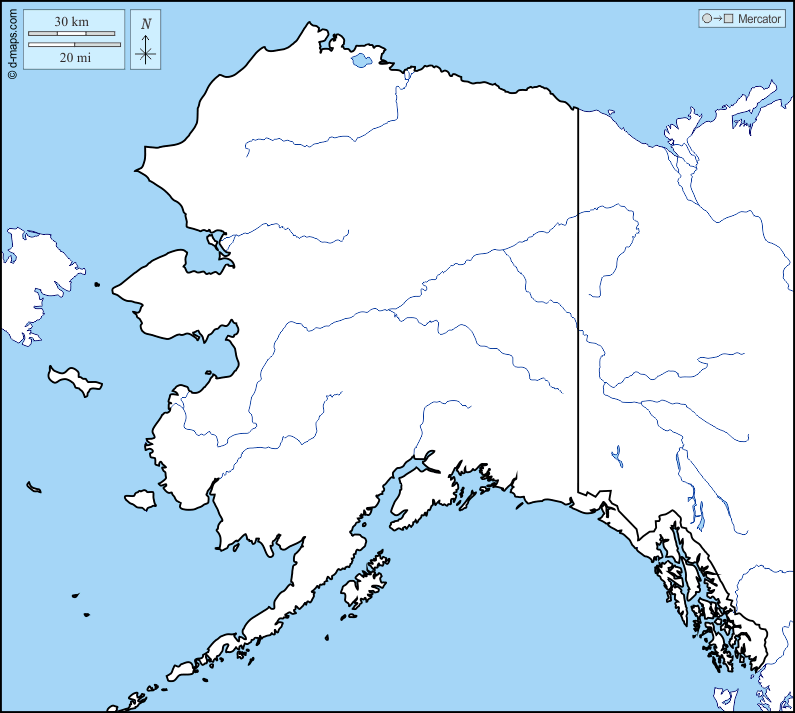 Alaska : d-maps.com: mappa gratuita, mappa muta gratuita, cartina muta gratuita : litorali, limiti, idrografia