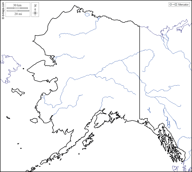Alaska : d-maps.com: mappa gratuita, mappa muta gratuita, cartina muta gratuita : litorali, limiti, idrografia, bianco