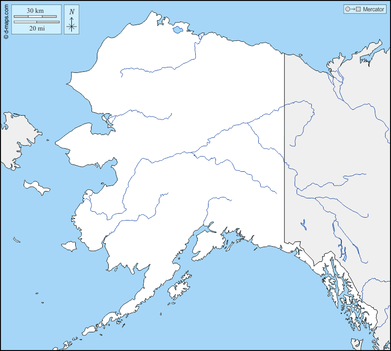 Alaska : d-maps.com: mappa gratuita, mappa muta gratuita, cartina muta gratuita : frontiere, idrografia