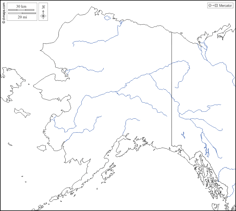 Alaska : d-maps.com: mappa gratuita, mappa muta gratuita, cartina muta gratuita : frontiere, idrografia, bianco