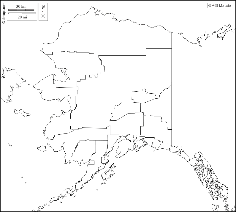 Alaska : d-maps.com: mappa gratuita, mappa muta gratuita, cartina muta gratuita : frontiere, boroughs (divisioni), bianco