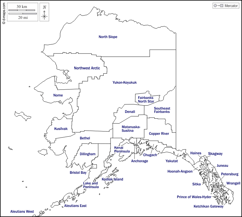 Alaska : d-maps.com: mappa gratuita, mappa muta gratuita, cartina muta gratuita : contorni, boroughs (divisioni), nomi, bianco