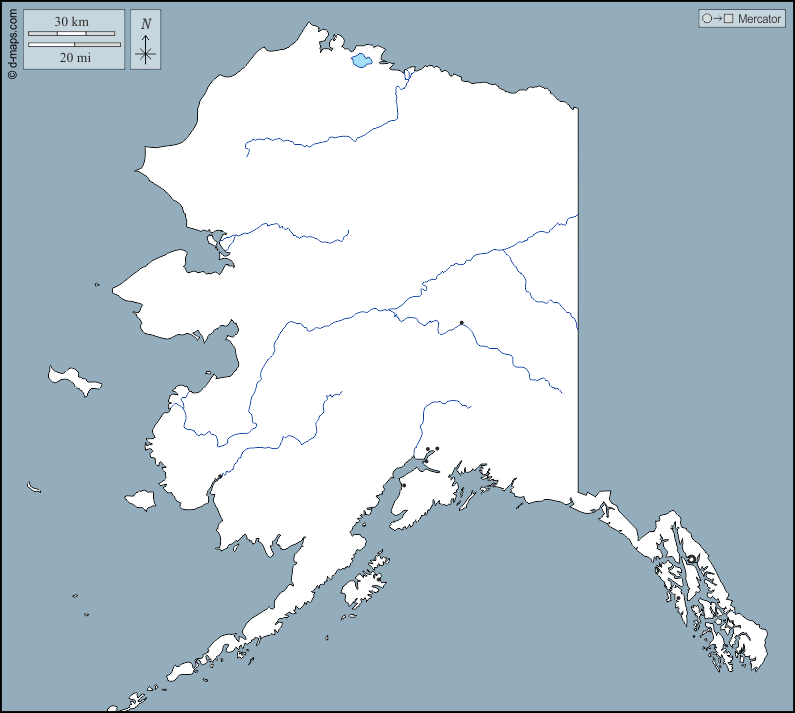 Alaska : d-maps.com: Kostenlose Karten, kostenlose stumme Karte, kostenlose unausgefüllt Landkarte, kostenlose hochauflösende Umrisskarte : Umrisse, Hydrografie, Wichtige Städte