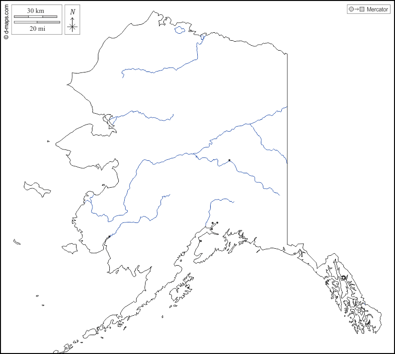 Alaska : d-maps.com: mappa gratuita, mappa muta gratuita, cartina muta gratuita : contorni, idrografia, principali città, bianco