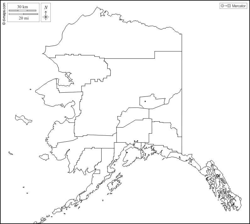 Alaska : d-maps.com: Kostenlose Karten, kostenlose stumme Karte, kostenlose unausgefüllt Landkarte, kostenlose hochauflösende Umrisskarte : Umrisse, Boroughs (Bezirke), Wichtige Städte, weiß