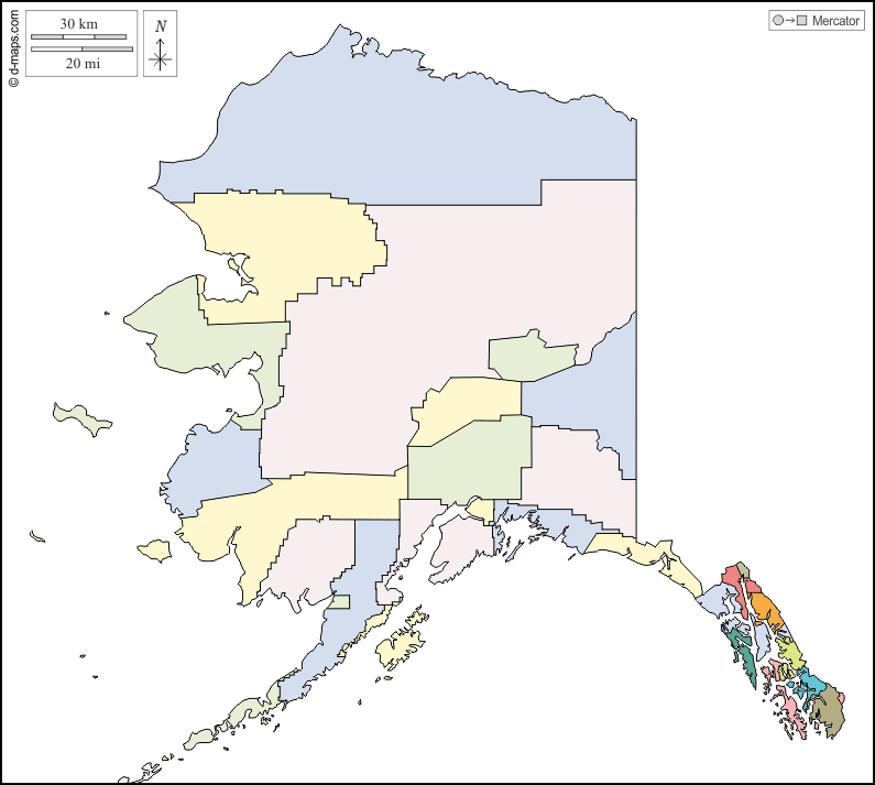 Alaska : d-maps.com: mappa gratuita, mappa muta gratuita, cartina muta gratuita : contorni, boroughs (divisioni), colore, bianco