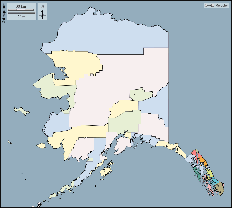 Alaska : d-maps.com: Kostenlose Karten, kostenlose stumme Karte, kostenlose unausgefüllt Landkarte, kostenlose hochauflösende Umrisskarte : Umrisse, Boroughs (Bezirke), Wichtige Städte, Farbe