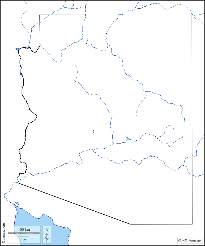 Arizona : d-maps.com: mappa gratuita, mappa muta gratuita, cartina muta gratuita : litorali, limiti, idrografia