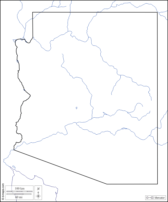 Arizona : d-maps.com: mappa gratuita, mappa muta gratuita, cartina muta gratuita : litorali, limiti, idrografia, bianco