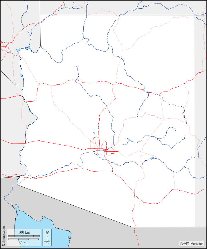 Arizona : d-maps.com: mappa gratuita, mappa muta gratuita, cartina muta gratuita : frontiere, idrografia, strade