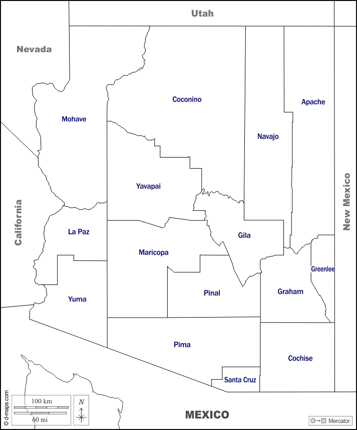 Arizona : d-maps.com: mappa gratuita, mappa muta gratuita, cartina muta gratuita : frontiere, contee, nomi, bianco