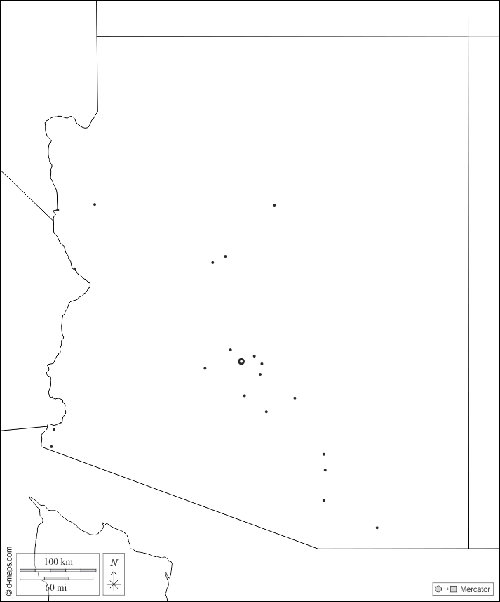 Arizona : d-maps.com: Kostenlose Karten, kostenlose stumme Karte, kostenlose unausgefüllt Landkarte, kostenlose hochauflösende Umrisskarte : Grenzen, Wichtige Städte, weiß