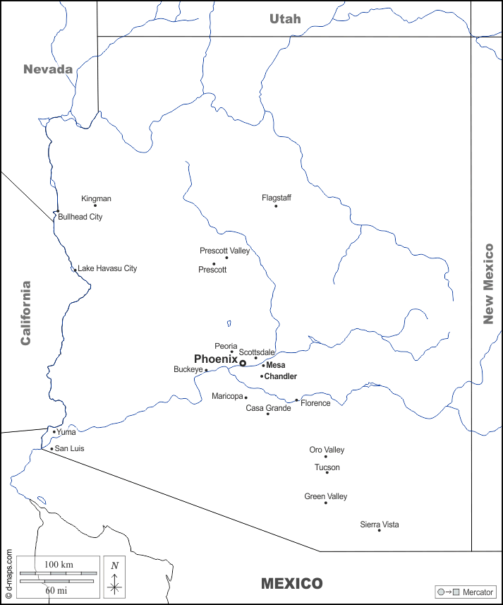 Arizona : d-maps.com: mappa gratuita, mappa muta gratuita, cartina muta gratuita : frontiere, idrografia, principali città, nomi, bianco