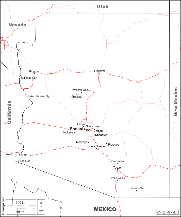 Arizona : d-maps.com: mappa gratuita, mappa muta gratuita, cartina muta gratuita : frontiere, principali città, strade, nomi, bianco