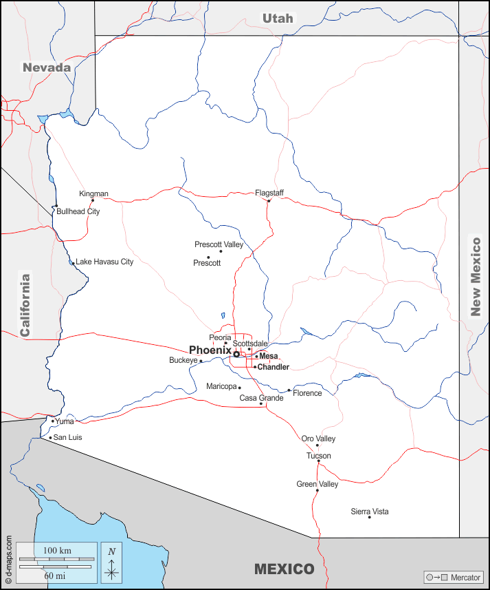 Arizona : d-maps.com: mappa gratuita, mappa muta gratuita, cartina muta gratuita : frontiere, idrografia, principali città, strade, nomi