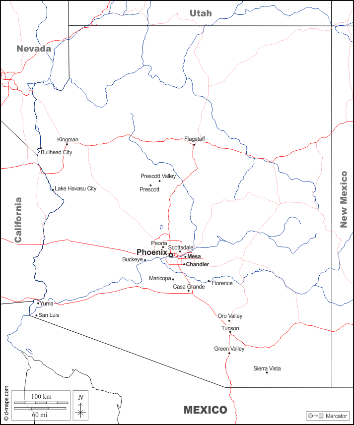 Arizona : d-maps.com: mappa gratuita, mappa muta gratuita, cartina muta gratuita : frontiere, idrografia, principali città, strade, nomi, bianco