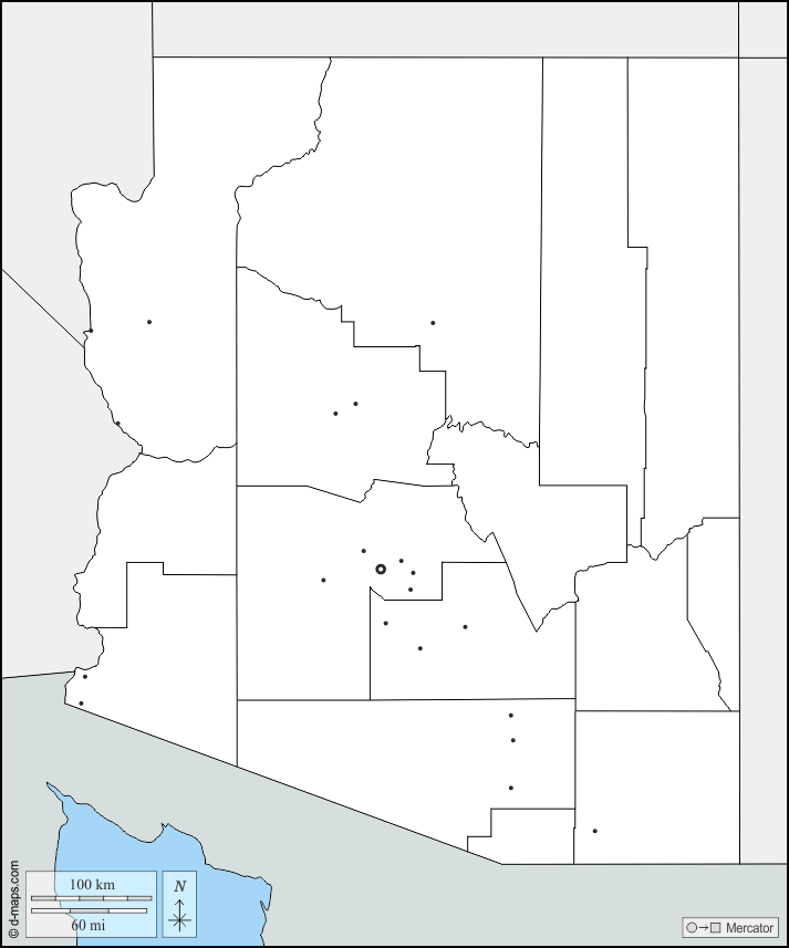 Arizona : d-maps.com: mappa gratuita, mappa muta gratuita, cartina muta gratuita : frontiere, contee, principali città
