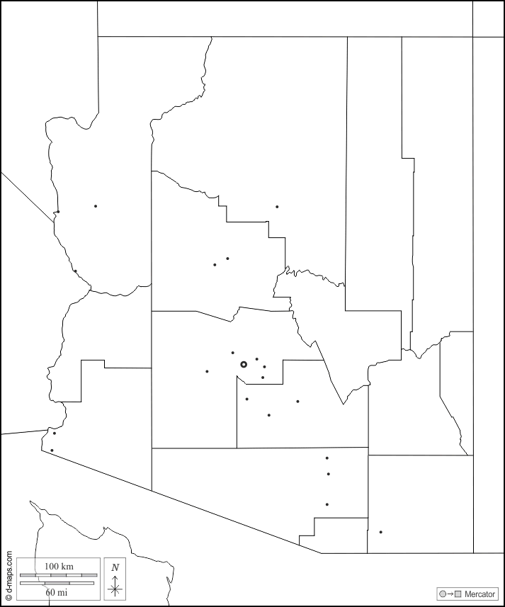 Arizona : d-maps.com: mappa gratuita, mappa muta gratuita, cartina muta gratuita : frontiere, contee, principali città, bianco