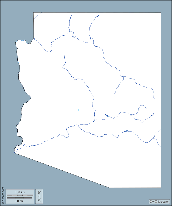 Arizona : d-maps.com: mappa gratuita, mappa muta gratuita, cartina muta gratuita : contorni, idrografia