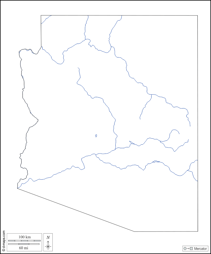 Arizona : d-maps.com: Kostenlose Karten, kostenlose stumme Karte, kostenlose unausgefüllt Landkarte, kostenlose hochauflösende Umrisskarte : Umrisse, Hydrografie, weiß