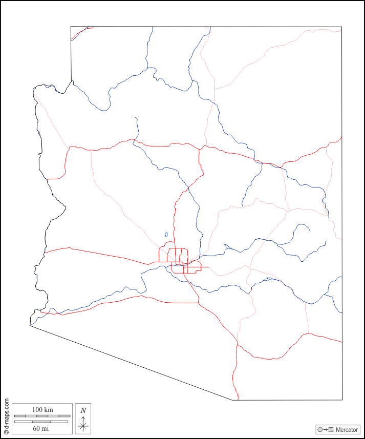 Arizona : d-maps.com: mappa gratuita, mappa muta gratuita, cartina muta gratuita : contorni, idrografia, strade, bianco