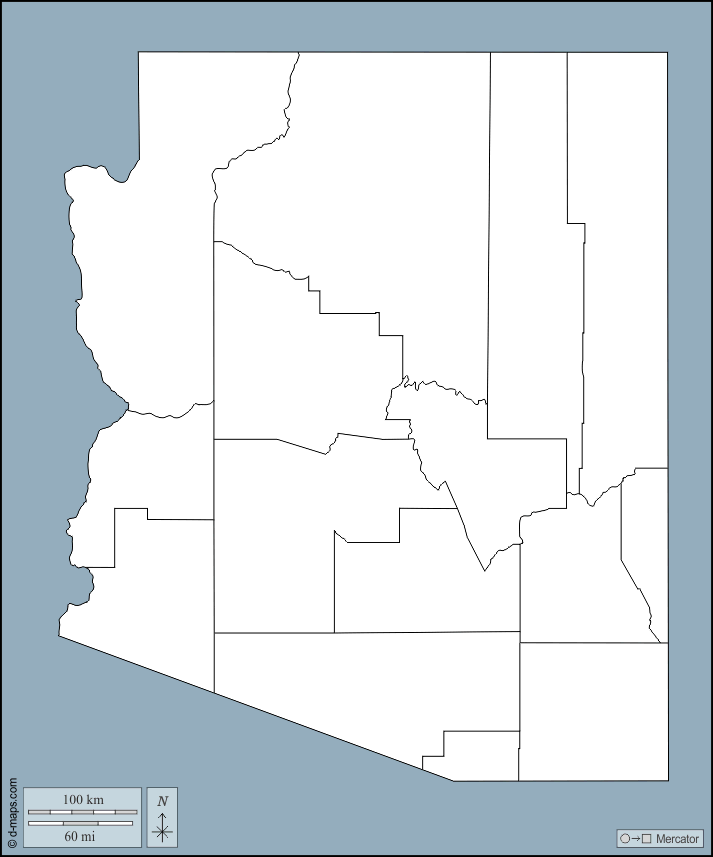 Arizona : d-maps.com: mappa gratuita, mappa muta gratuita, cartina muta gratuita : contorni, contee