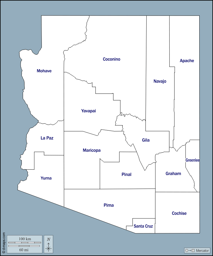 Arizona : d-maps.com: mappa gratuita, mappa muta gratuita, cartina muta gratuita : contorni, contee, nomi