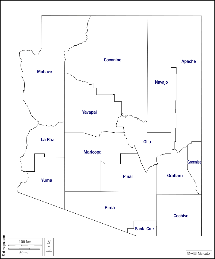 Arizona : d-maps.com: mappa gratuita, mappa muta gratuita, cartina muta gratuita : contorni, contee, nomi, bianco