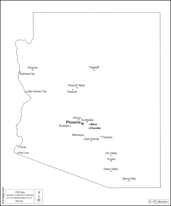 Arizona : d-maps.com: mappa gratuita, mappa muta gratuita, cartina muta gratuita : contorni, principali città, nomi, bianco