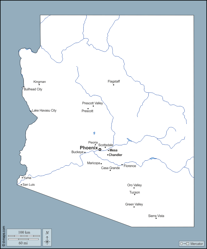 Arizona : d-maps.com: mappa gratuita, mappa muta gratuita, cartina muta gratuita : contorni, idrografia, principali città, nomi