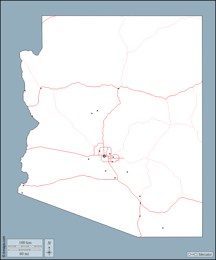 Arizona : d-maps.com: Kostenlose Karten, kostenlose stumme Karte, kostenlose unausgefüllt Landkarte, kostenlose hochauflösende Umrisskarte : Umrisse, Wichtige Städte, Straßen