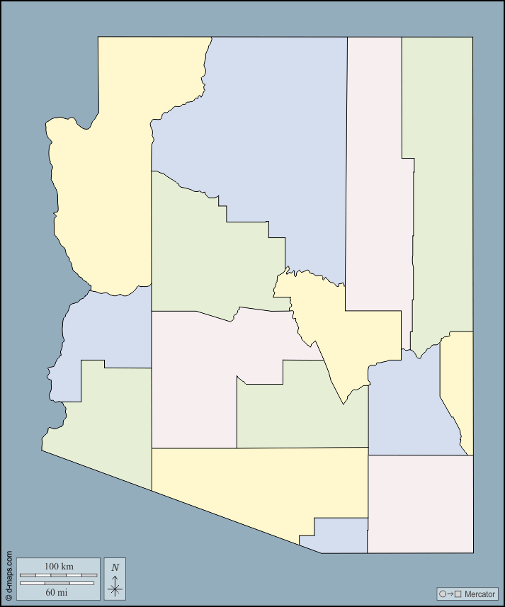 Arizona : d-maps.com: mappa gratuita, mappa muta gratuita, cartina muta gratuita : contorni, contee, colore