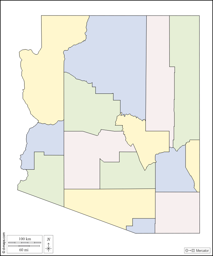 Arizona : d-maps.com: mappa gratuita, mappa muta gratuita, cartina muta gratuita : contorni, contee, colore, bianco
