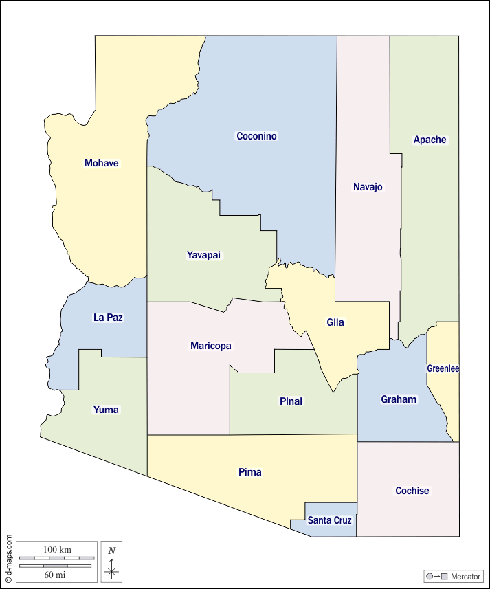 Arizona : d-maps.com: mappa gratuita, mappa muta gratuita, cartina muta gratuita : contorni, contee, nomi, colore, bianco
