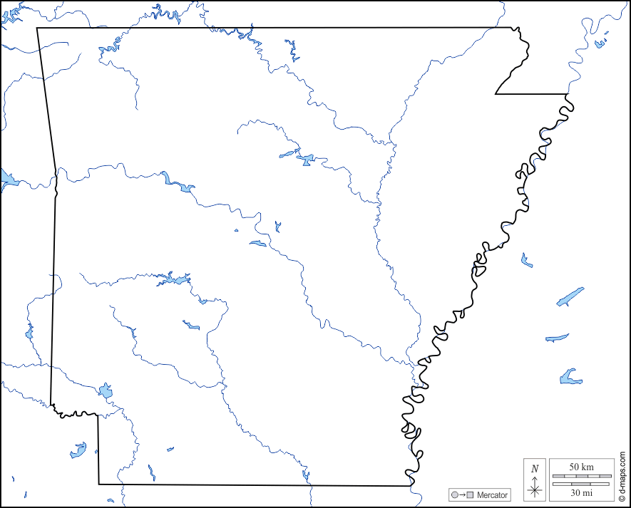 Arkansas : d-maps.com: mappa gratuita, mappa muta gratuita, cartina muta gratuita : litorali, limiti, idrografia