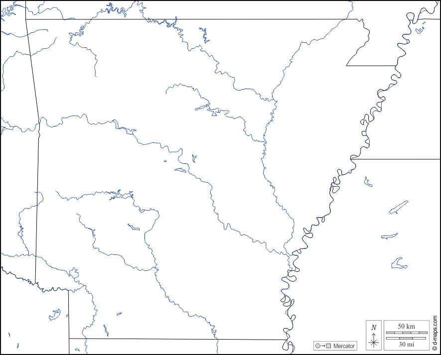 Arkansas : d-maps.com: mappa gratuita, mappa muta gratuita, cartina muta gratuita : frontiere, idrografia, bianco