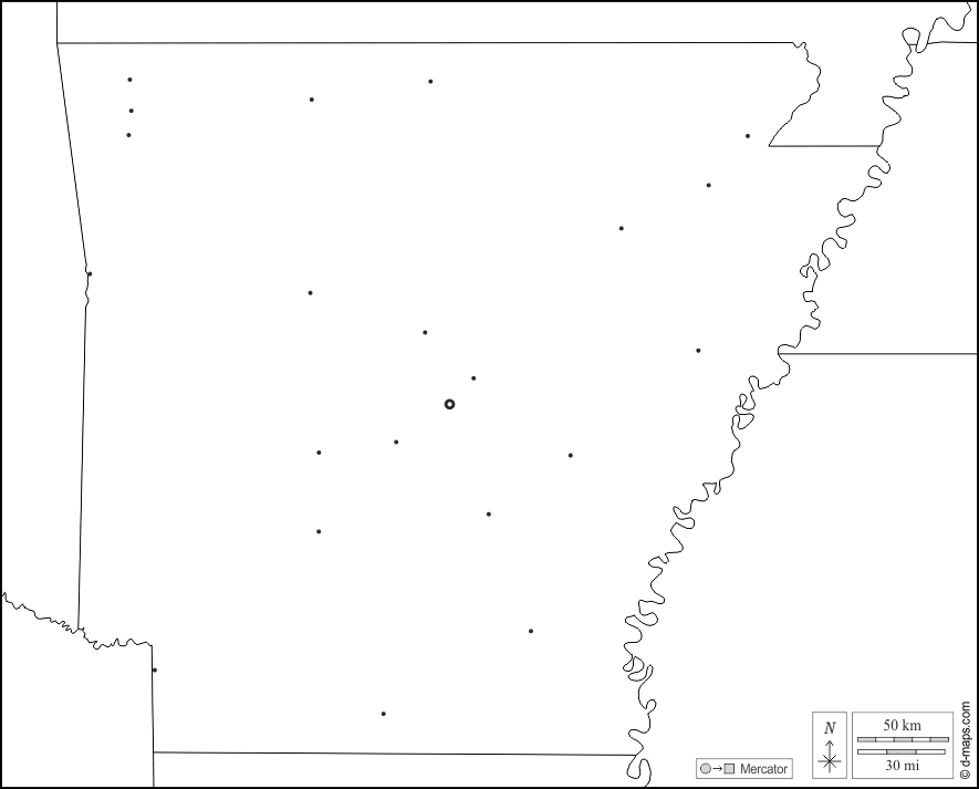Arkansas : d-maps.com: mappa gratuita, mappa muta gratuita, cartina muta gratuita : frontiere, principali città, bianco