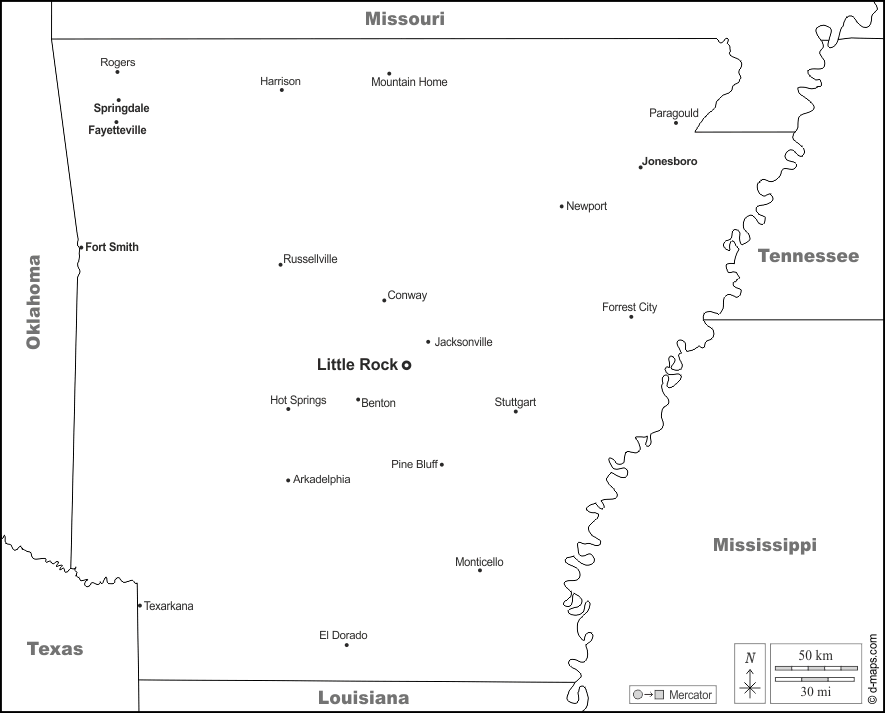 Arkansas : d-maps.com: mappa gratuita, mappa muta gratuita, cartina muta gratuita : frontiere, principali città, nomi, bianco