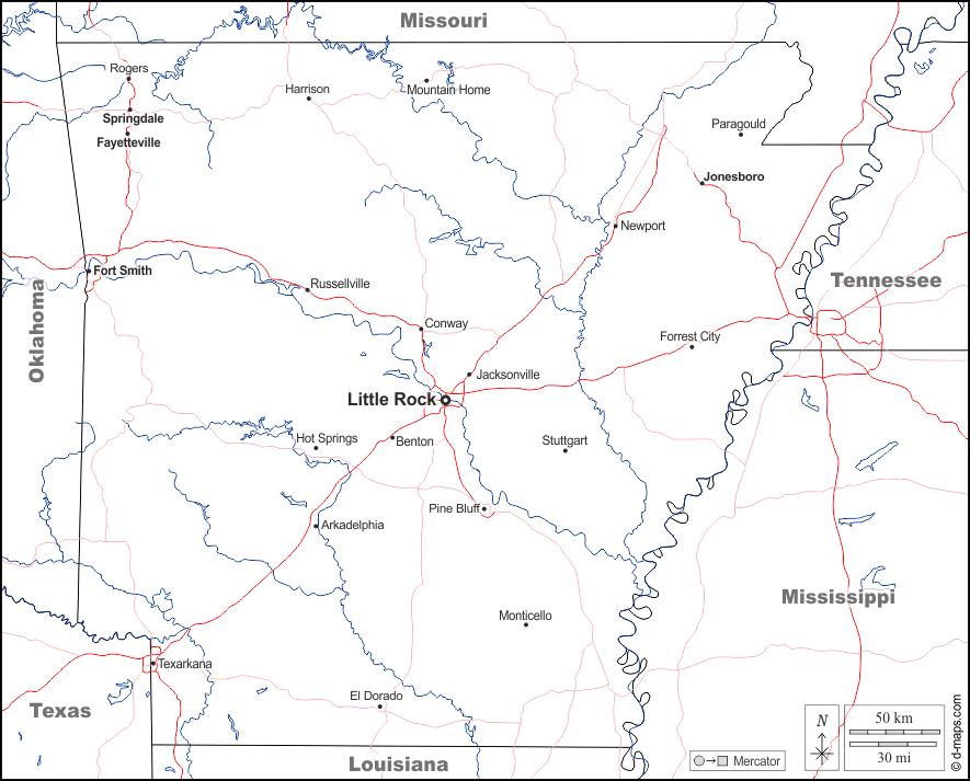 Arkansas : d-maps.com: mappa gratuita, mappa muta gratuita, cartina muta gratuita : frontiere, idrografia, principali città, strade, nomi, bianco