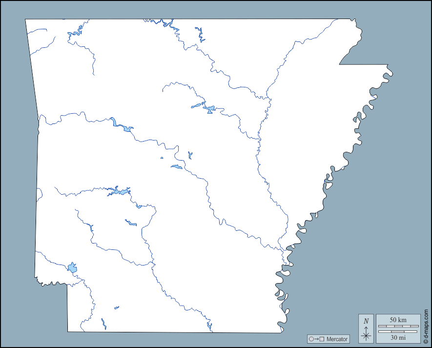 Arkansas : d-maps.com: mappa gratuita, mappa muta gratuita, cartina muta gratuita : contorni, idrografia