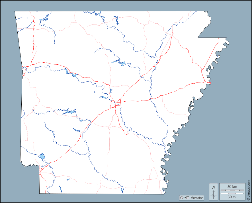 Arkansas : d-maps.com: mappa gratuita, mappa muta gratuita, cartina muta gratuita : contorni, idrografia, strade