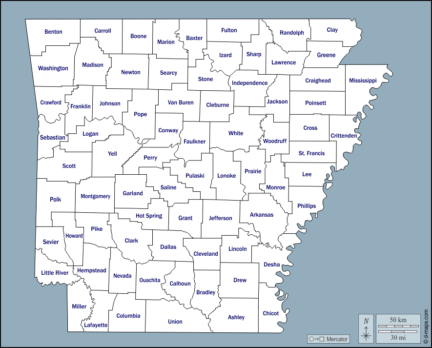 Arkansas : d-maps.com: mappa gratuita, mappa muta gratuita, cartina muta gratuita : contorni, contee, nomi